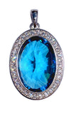 925 Sterling Silver Large Oval Blue Topaz Simulated Gemstone Pendant with Clear Cubic Zirconias - Gifts Warehouse Outlet