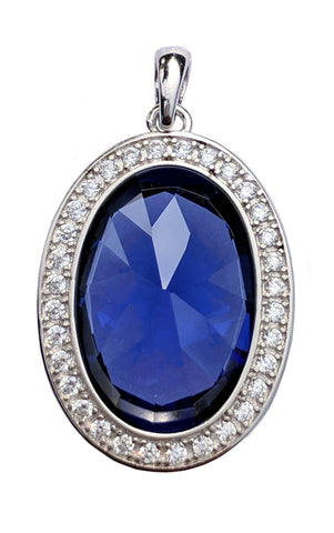 925 Sterling Silver Large Oval Blue Sapphire Simulated Gemstone Pendant with Clear Cubic Zirconias - Gifts Warehouse Outlet