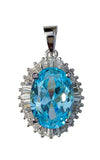 925 Sterling Silver Small Oval Blue Topaz Simulated Gemstone Pendant with Clear Cubic Zirconias - Gifts Warehouse Outlet