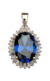 925 Sterling Silver Small Oval Blue Saphire Simulated Gemstone Pendant with Clear Cubic Zirconias - Gifts Warehouse Outlet