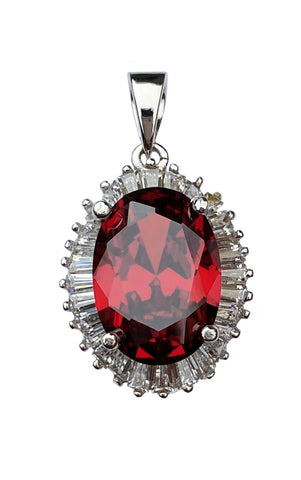 925 Sterling Silver Small Oval Ruby Red Simulated Gemstone Pendant with Clear Cubic Zirconias - Gifts Warehouse Outlet