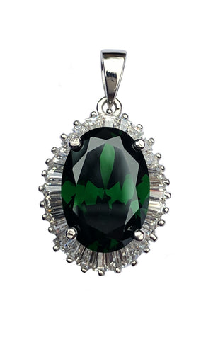 925 Sterling Silver Small Oval Emerald Green Simulated Gemstone Pendant with Clear Cubic Zirconias - Gifts Warehouse Outlet