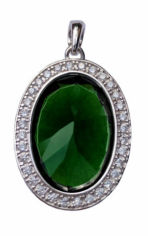 925 Sterling Silver Large Oval Emerald Green Simulated Gemstone Pendant with Clear Cubic Zirconias - Gifts Warehouse Outlet