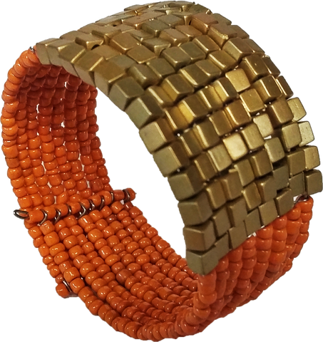 Beaded Orange and Dark Gold Cuff Bracelet - Gifts Warehouse Outlet