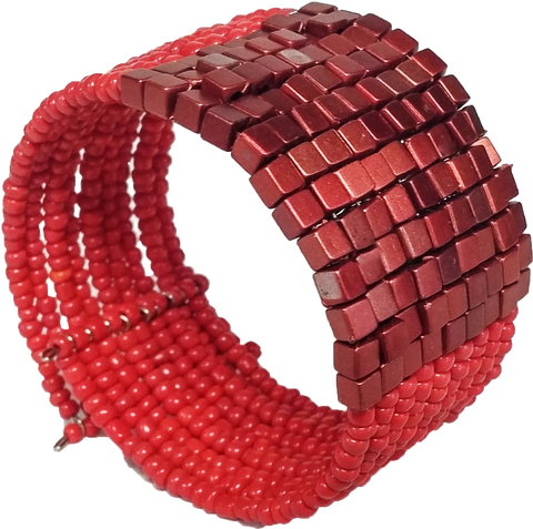 Beaded Coral Red and Copper Cuff Bracelet - Gifts Warehouse Outlet