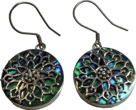 925 Sterling Silver Filigree Detailed Mandala Lotus Flower Round Dangle Hook Earrings, Abalone - Gifts Warehouse Outlet