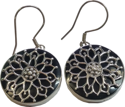 925 Sterling Silver Filigree Detailed Mandala Lotus Flower Round Dangle Hook Earrings, Black - Gifts Warehouse Outlet