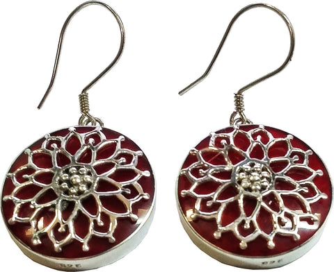 925 Sterling Silver Filigree Detailed Mandala Lotus Flower Round Dangle Hook Earrings, Red - Gifts Warehouse Outlet