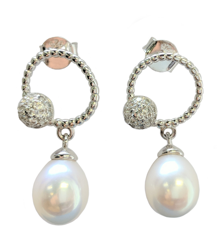 925 Sterling Silver Freshwater Pearl Women's Drop Earrings with Cubic Zirconias - Gifts Warehouse Outlet