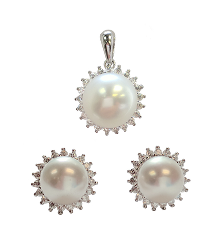 925 Sterling Cubic Zirconias with Freshwater Pearl Round Design Pendant and Stud Earrings Set - Gifts Warehouse Outlet