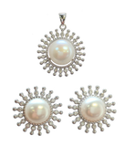 925 Sterling Cubic Zirconias with Freshwater Pearl Star Burst Design Pendant and Stud Earrings Set - Gifts Warehouse Outlet