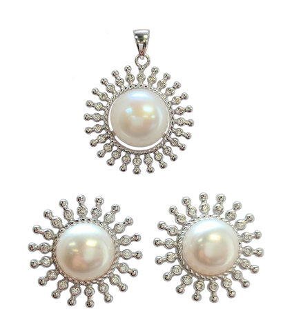 925 Sterling Cubic Zirconias with Freshwater Pearl Star Burst Design Pendant and Stud Earrings Set - Gifts Warehouse Outlet