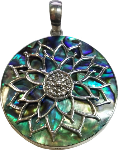 925 Sterling Silver Filigree Detailed Mandala Lotus Flower Round Pendant, Abalone - Gifts Warehouse Outlet