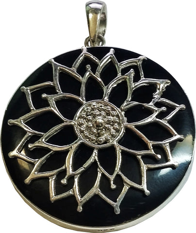 925 Sterling Silver Filigree Detailed Mandala Lotus Flower Round Pendant, Black - Gifts Warehouse Outlet