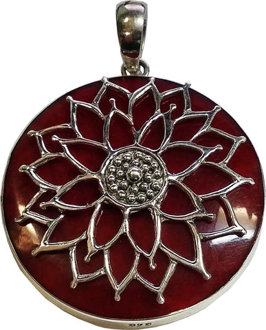 925 Sterling Silver Filigree Detailed Mandala Lotus Flower Round Pendant, Red - Gifts Warehouse Outlet