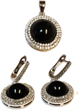 925 Sterling Silver Simulated Onyx with Cubic Zirconias Round Pendant and Earrings Set - Gifts Warehouse Outlet