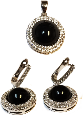 925 Sterling Silver Simulated Onyx with Cubic Zirconias Round Pendant and Earrings Set - Gifts Warehouse Outlet