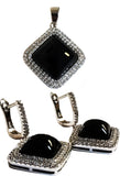 925 Sterling Silver Simulated Onyx with Cubic Zirconias Diamond Shape Pendant and Earrings Set - Gifts Warehouse Outlet