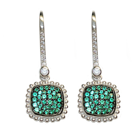 925 Sterling Silver with Simulated Emeralds and Cubic Zirconias Square Shape Dangle Earrings - Gifts Warehouse Outlet