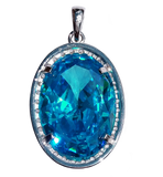 925 Sterling Silver Large Oval Blue Topaz Simulated Gemstone Pendant with Clear Cubic Zirconias - Gifts Warehouse Outlet