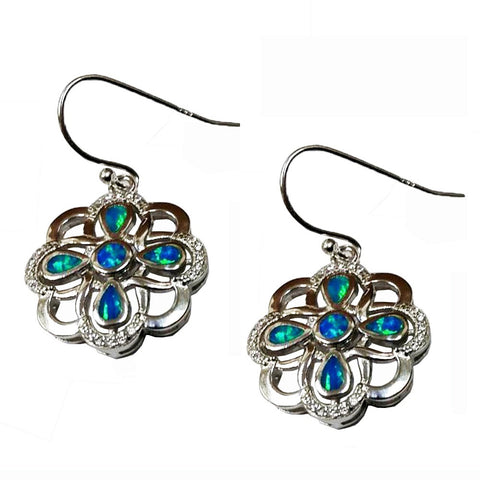 925 Sterling Silver Rhodium Plated Blue/Green Iridescent Flower Shape Dangle Earrings - Gifts Warehouse Outlet