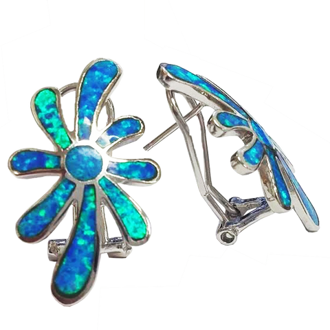 925 Sterling Silver Rhodium Plated Blue/Green Iridescent Flower Shape Earrings - Gifts Warehouse Outlet