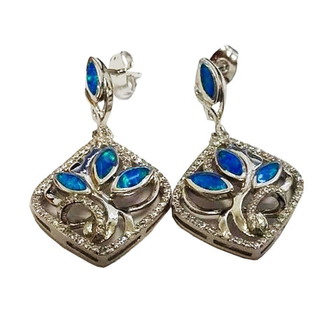 925 Sterling Silver Rhodium Plated Blue/Green Iridescent Diamond Shape Dangle Earrings - Gifts Warehouse Outlet